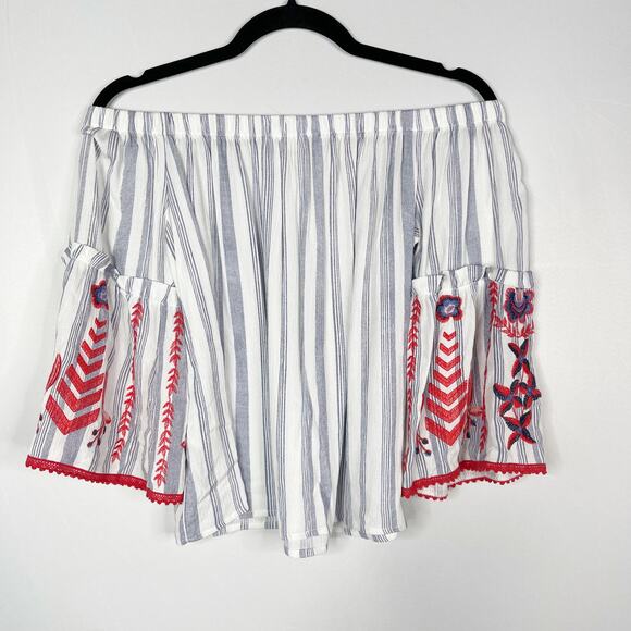 Altar'd State Small S Striped Off The Shoulder Embroidered Blouse Blue White - Picture 2 of 8